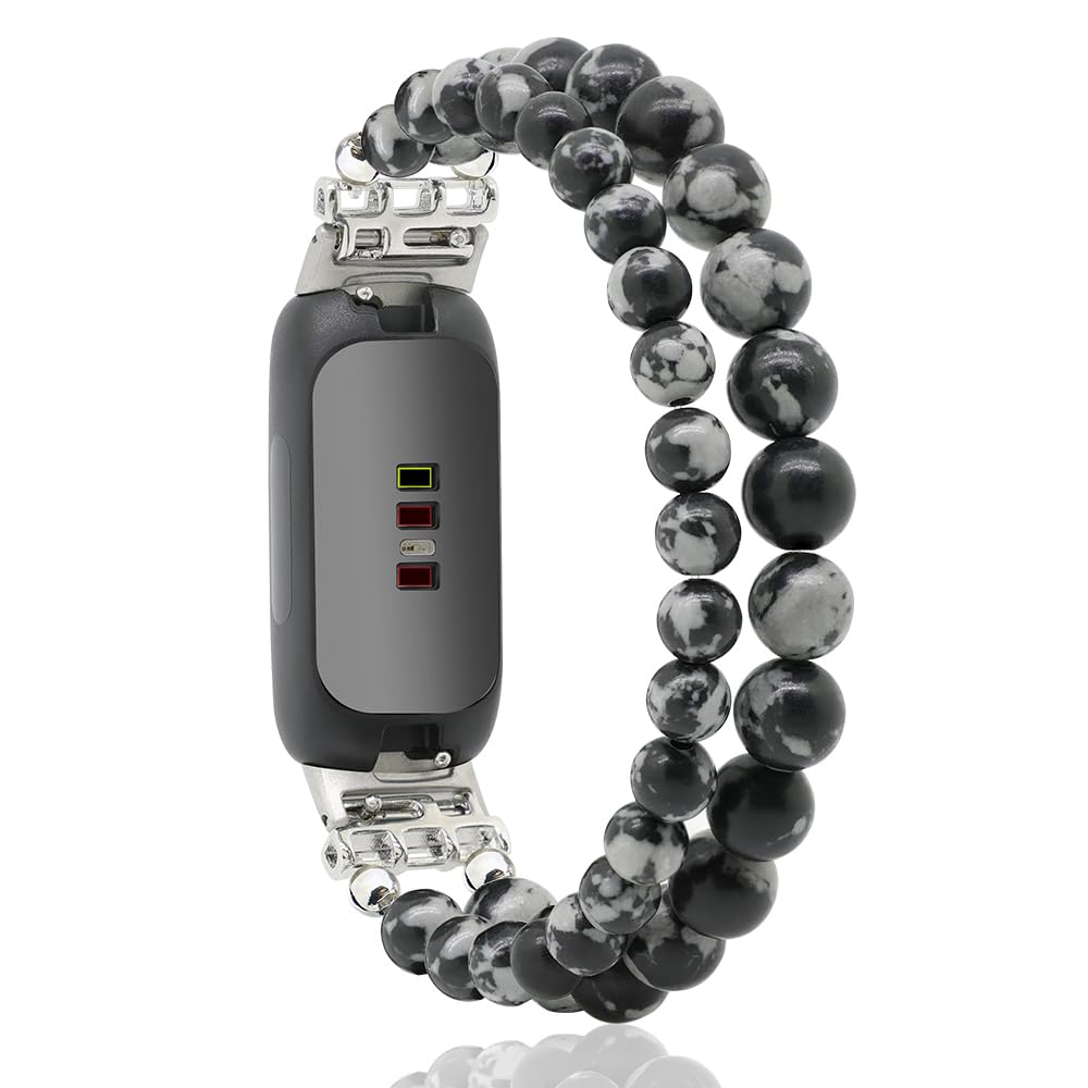 C&L Accessories Bracelets Compatible with Fitbit Inspire 3 Bands for Women Girls, Beaded Wristband Adjustable Gemstone Replacement Straps for Fitbit Inspire 3 (Snowflack Obsidian)