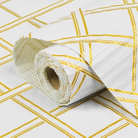 Gopas Drawer and Shelf Liner for Kitchen Cabinets Non-Adhesive, Non-Slip Cabinet Liner Shelf Paper Strong Grip Waterproof Easy to Clean for Kitchen Shelves Cupboard,Gold Geometric,12IN X 30FT Cover