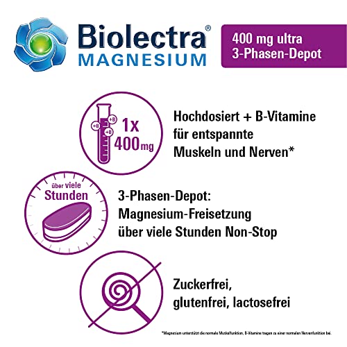 Biolectra® Magnesium 400 mg ultra 3-Phasen-Depot Tabletten 30 Stück, hochdosiert mit B-Vitaminen, Langzeit-Phase über viele Stunden, Apotheken-Qualität
