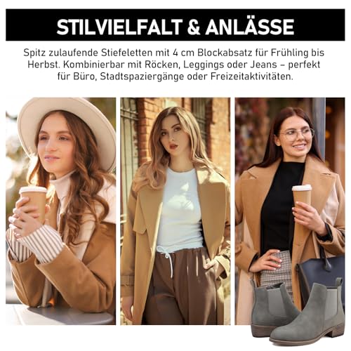 Maxome Stiefeletten Damen Knöchelstiefel Mit Reißverschluss Wasserdichte Leder Stiefeletten Stylische Chelsea Boots Mit Niedrigem Absatz Spitze Zehen Freizeitschuhe Herbst Winter Damenstiefel Grau