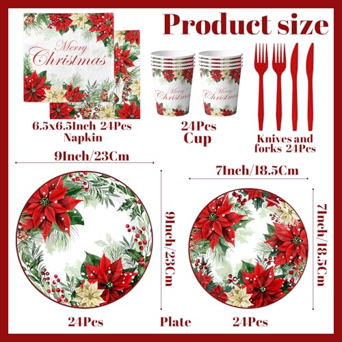 Christmas Paper Plates and Napkins,Disposable Poinsettia Paper Plates Cups Christmas paper Dinnerware for Xmas Holiday Party Supplies,Serves 24 – Image 7