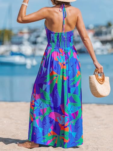 Image of CUPSHE Women Halter Backless Summer Dresses Spaghetti Strap Side Slit Casual Beach Sundress Holiday Vacation Maxi Dress