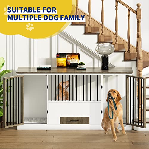 Pipleo Dog Crate Furniture With 4 Stainless Steel Bowls, Wood Dog Crate End Table With Tray And Cushion, Double Dog Crate For 2 Dogs, Wooden Dog Cage Dog Kennel Indoor (Brown) #TOP2