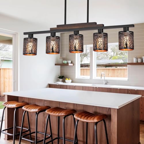 Shupregu 1073SL Dining Room Light Fixture/Chandelier Over Table, 5-Light Kitchen Island Lighting Hanging For Farmhouse Matte Black Linear Chandeliers Rustic Solid Wood Ceiling Pendant Light Fixture Iron Art Shade thumb #6