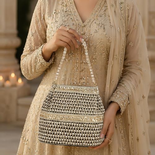 Image of Nevis Silk Fabric Premium Pearl & Crystal Embroidered Potli Bag for Women | Ethnic Bridal Clutch with Golden Handle | Party & Wedding | Potli Bag