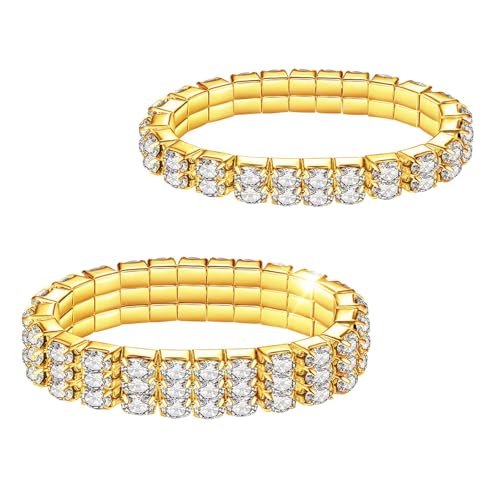2PCS Rhinestone Stretch Bracelets, LucBuy Twinkle Diamond Tennis Bangle, Crystal Sparkling Bridal Stackable Bracelet Jewelry, Bling Shining Wedding Party Elastic Band Bracelet for Women (Gold)