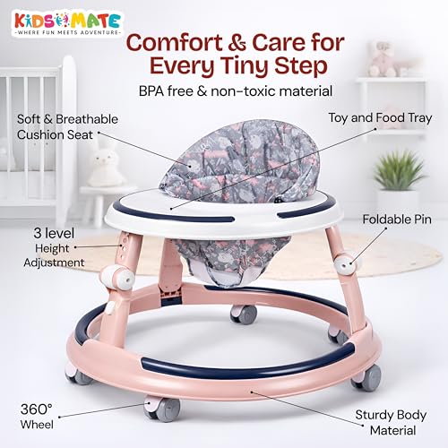 Image of Kidsmate Kiddo Baby Walker for Babies of Ages 6-24 Months | 3 Level Height Adjustable Baby Walkers, Seat Adjustment, 360 Rotating Wheels | Foldable Design & Soft Breathable Cushion Seat - Soft Pink
