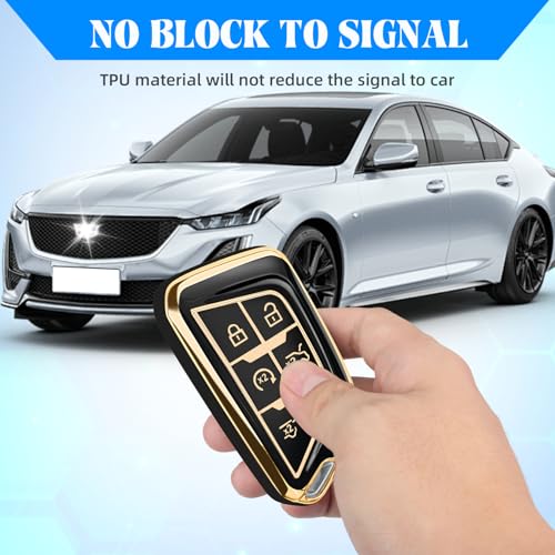 Image of QBUC for Cadillac Key Fob Cover with Leather Keychain (Gold Trim Black) | Soft TPU Protection Case Compatible with 2020-2026 Cadillac Escalade Lyriq Optiq 6-Buttons