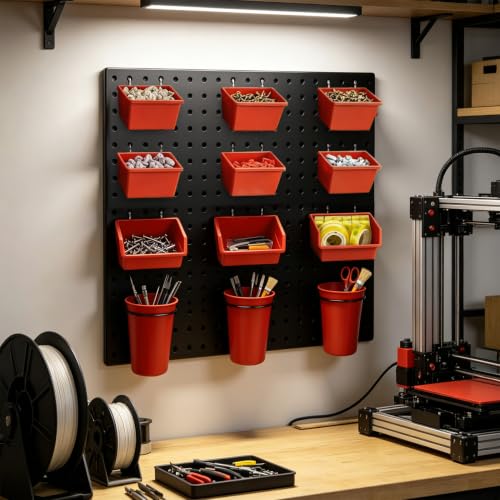 Image of Pegboard Bins Cups with Hooks & Loops 12 Pack Peg Board Organizer (Red)