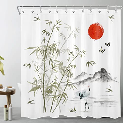 LB Japanese Landscape Shower Curtain Green Bamboo Forest Red Sun Grey Mountain Shower Curtains for Bathroom Washable Anti Mould Waterproof Polyester Bath Curtain Set including Hooks,71x71 inches