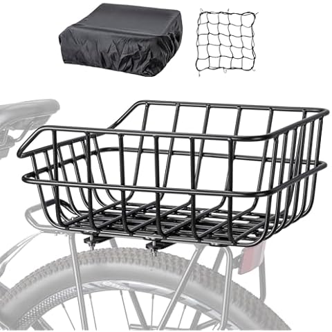 CXWXC Rear Bike Basket - Bicycle Rear Basket with Cargo Net and Waterproof Cover - Rear Mount Aluminium Bike Basket Large Capacity Cover