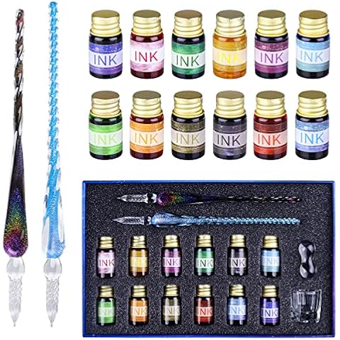 OFUN Glass Dip Pen Set, Crystal Ink Pen Set with 2 Glass Pens, 12 Colorful Inks,Pen Holder and Cleansing Cup, Dip Pens for Art, Writing, Drawing, Signatures, Gift for Kids and Artist Cover
