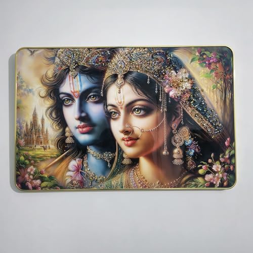 Image of Masstone Radha Krishna Crystal Embedded High Gloss Wall Painting, Golden Slim Frame, 45x30 Cm Wall Art for Living Room, Bedroom, Office & Home Decor (CRG52)