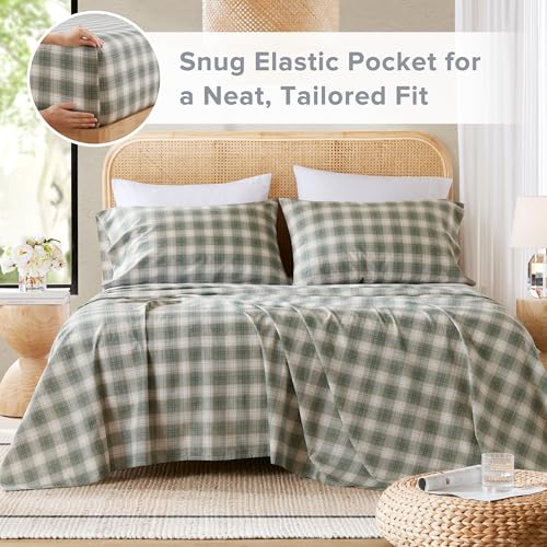 Comfort Spaces 100% Cotton Sheets Cal King, Breathable, Naturally Cool Cotton Sheets, Cotton Bed Sheets with 14" Elastic Pocket Fits up to 16" Mattress, All Seasons Sheet Set, Wesley Green 4 Piece