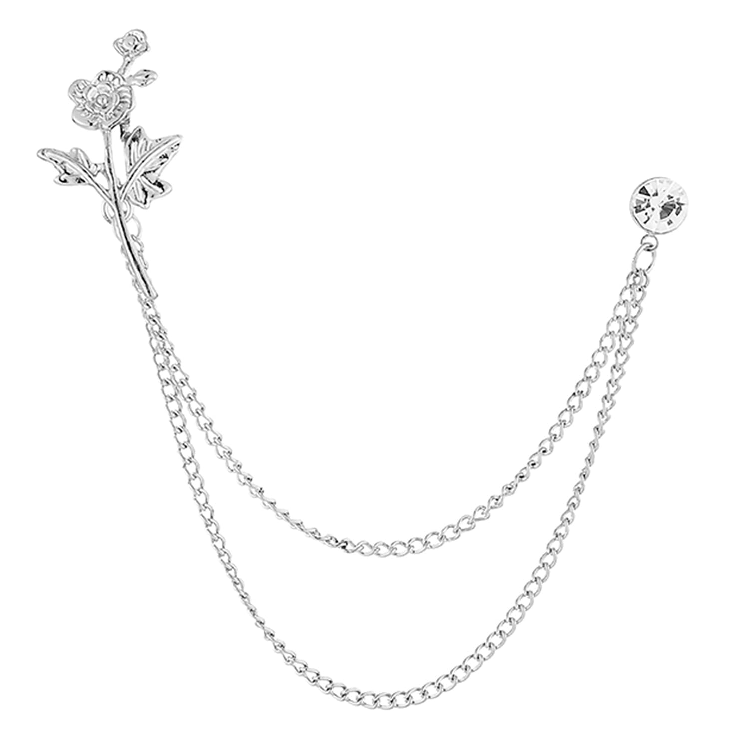peora Silver Plated Crystal Studded Floral Double Chain Pin Brooch Stylish Jewellery for Men-picture-7