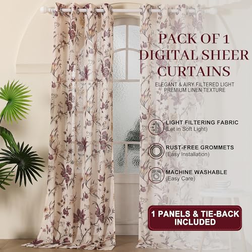 Image of Story@Home Door Curtains 7 Feet Long Set of 1 | Floral Printed | Semi Transparent Curtain | Net Curtains | Sheer Curtain for Living Room | (118 x 215 cm, Cream & Purple) | Perfect for Home Decor