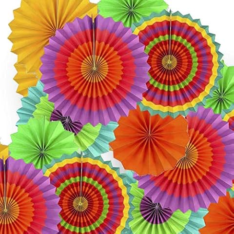 Adorox Set of 12 Vibrant Bright Colors Hanging Paper Fans Cinco De Mayo Mexican Fiesta Southwestern Rosettes Party Decoration for Holidays 8" 12" 16" Various Sizes Fiesta (2 Pack) Cover
