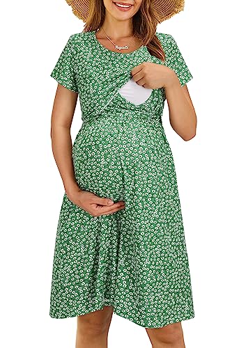 Image of OUGES Womens 2025 Short Sleeve Summer Floral Maternity Dresses Nursing Gown Breastfeeding Clothes