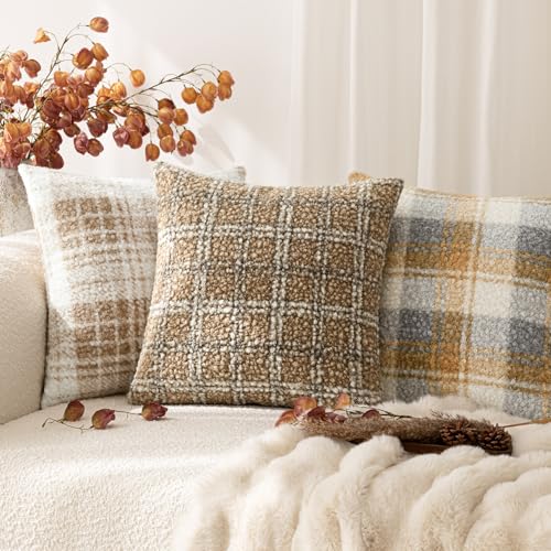 Image of Foindtower Pack of 2 Soft Faux Fur Boucle Throw Decorative Pillow Covers Fuzzy Accent Check Cushion Sherpa Boho Farmhouse Pillowcase for Couch Sofa Bed Living Room Home Decor 20x20 Inch,Light Brown