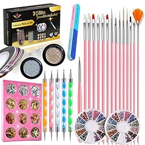 Nail Art kit Accessories, 15pcs Nail Art Brushes, Tools, Nail Pen designing Dotting, Colourful Nail foil, Stripping…