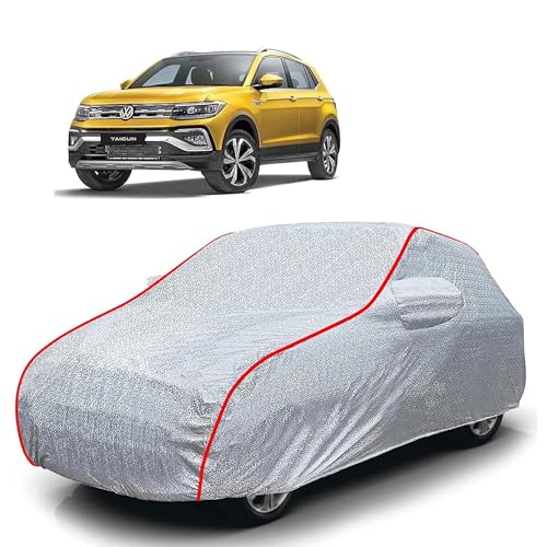 Image of Sulfar 100% Waterproof Car Body Cover Compatible with Mirror for Volkswagen Taigun (Triple Stitched, Full Bottom Elastic, Magic Silver with Red Piping)