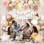 Beige Brown Birthday Decorations for Women, Gold Neutral Cream Sand White Party Balloon Kit with Boho Happy Birthday Banner Fringe Curtain Background Pom Pom Cake Topper for Boy Girl Men Bday Supplies - Image 3