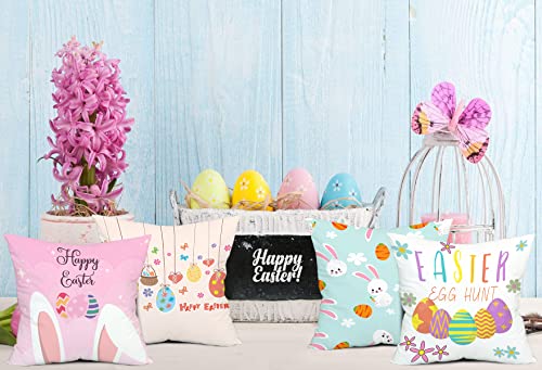 Jbralid Easter Throw Pillow Covers Cartoon Easter Bunny Eggs Decorative Pillowcase Cotton Pillow Cushion Case For Living Room Sofa Couch 18X18 Inch Set Of 4, White Blue Pink #TOP4