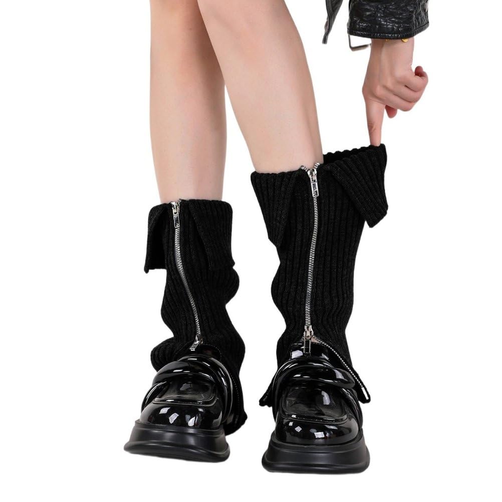 Solid Knitted Winter Leg Warmers for Women Soft Fashion Y2k Zipper Long Socks