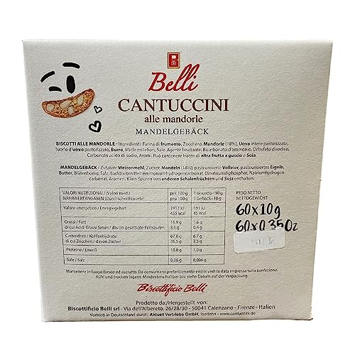 Belli Cantuccini Mandelgebäck 600G [DOPPELT GEBACKEN] mit 18% Mandel-Anteil | 60 Kekse pro Box | Italienische kekse | mit Blütenhonig | Biscotti di Prato