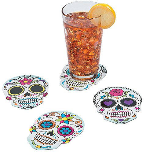 Day of The Dead Coasters (Set of 12 Sugar Skulls) Halloween Party Supplies