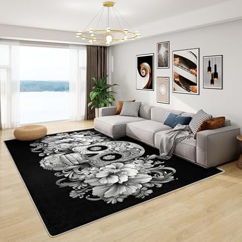 Phtbz Skull Rugs Large - Sugar Skull Rug, 5x7 ft Washable Non-Slip Stain Resistant Vintage Gothic Area Rug, Black and Gray Carpet for Living Room, Bedroom, Skull Flowers Home Decor & Gifts Cover