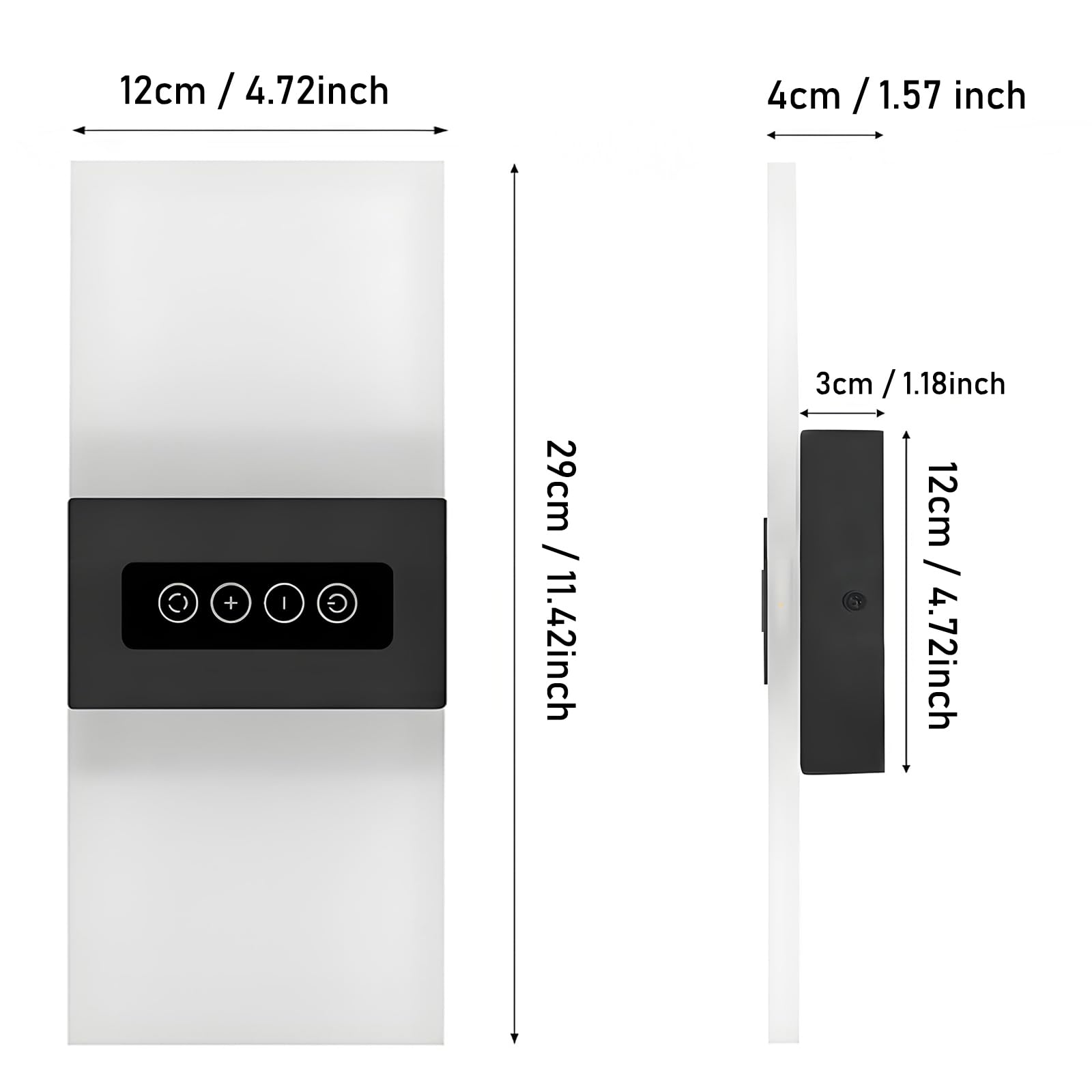 2 lámparas de pared con interruptor, lámpara de pared interior, táctil, regulable | 29 cm moderna iluminación LED de pared acrílico 12 W para escaleras, salón, dormitorio, 3000 K/4000 K/6000 K