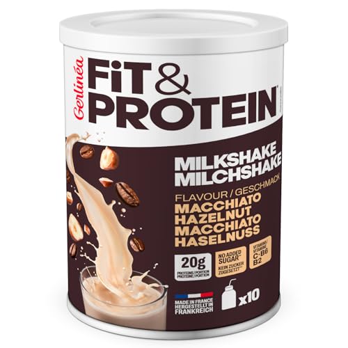 FIT&PROTEIN – Protein-Milchshake Macchiato Haselnuss – Ohne Zuckerzusatz, mit Süßungsmitteln – 115 kcal/Portion, Quelle für Vitamin C, B6, B2 – Krafttraining für Frauen – Packung mit 10 Shakes, 340 g