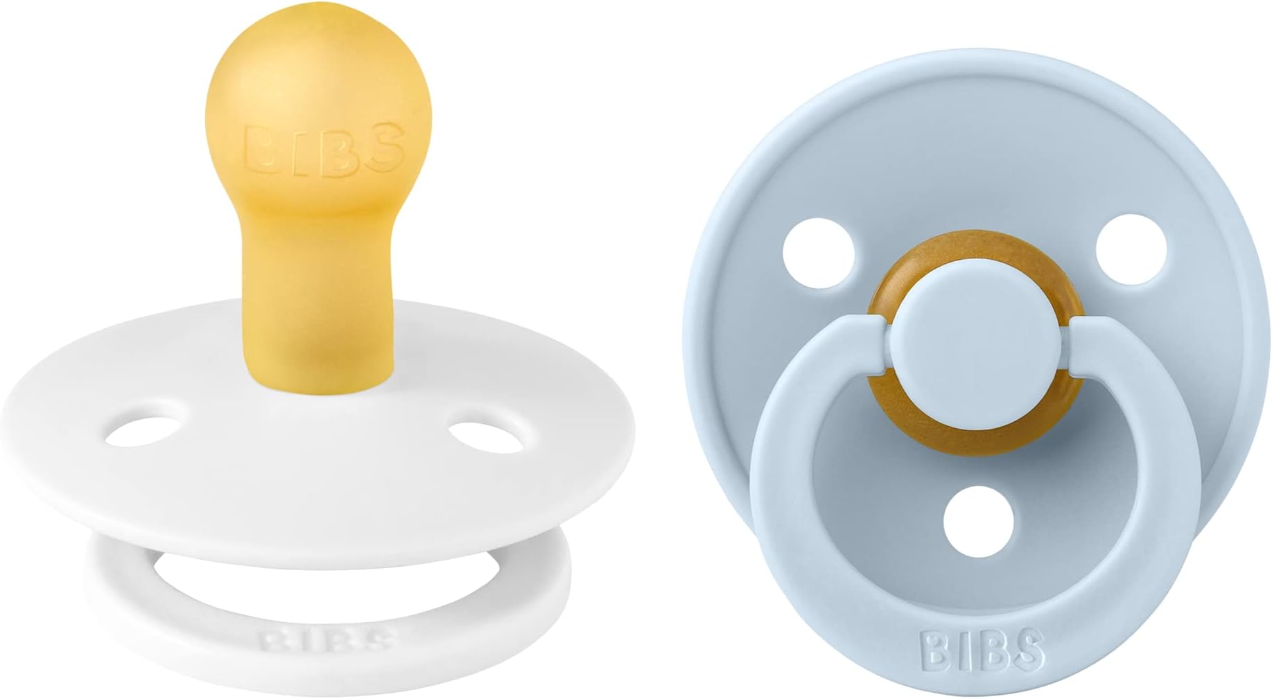 BIBS Pacifiers Colour Collection | Natural Rubber Baby Pacifier | Set of 2 BPA-Free Soothers | Made in Denmark | 0+ Months (Pack of 2) | Baby Blue/White