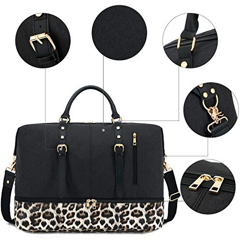 Canvas Overnight Bag Travel Duffel Genuine Leather for Men and Women Weekender Tote (Y-Black)