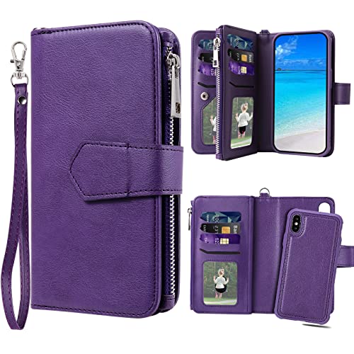 Coque iPhone X et XS violette avec étui magnétique amovible et porte-cartes