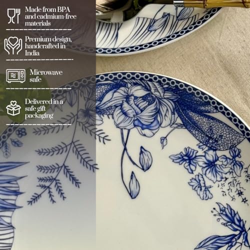 Image of GOLDEN QUEEN'S Handcrafted Dinner Plates: Set of 2 | Perfect for Hosting and Daily Meals | Microwave Safe Plates | 11 inch | Serves 2 - Classic Blue Floral
