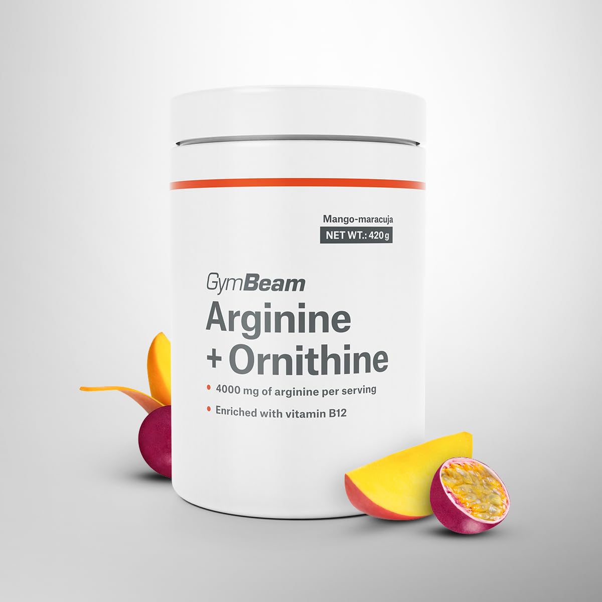 GymBeam L-Arginina + Ornitina, Integratore Funzionale con Vitamina B12, Benefici per Flusso Sanguigno Muscolare, Riduzione della Fatica, per la Salute della Psiche (420 g, Mango-Maracuja)