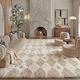 PureCozy Checkered Rug 6x9 Fluffy Shag Living Room Beige Area Rug Modern Washable Carpet Soft Shaggy Non Slip Indoor Plush Fuzzy Rugs for Bedroom Dorm Office Home Aesthetic Decor