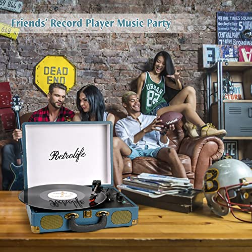 Image of Vinyl Record Player 3-Speed Bluetooth Suitcase Portable Belt-Driven Record Player with Built-in Speakers RCA Line Out AUX in Headphone Jack Vintage Turntable Coral Blue