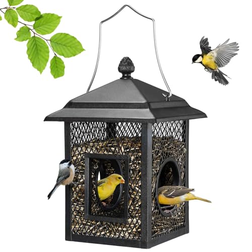 Veehoo Metal Bird Feeder for Outdoors Hanging, Fly Through Wild Birdfeeder Outside, Finch Cardinal Chickadee Feeders for Peanut Sunflower Seed, Black