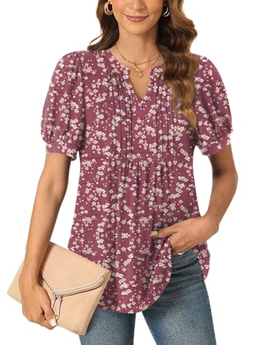 Anyally Womens Summer/Spring Dressy Casual Blouse Puff Short Sleeve Tunic Tops Pleated T-Shirts for Work