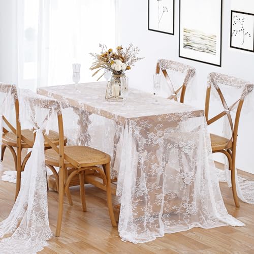 B-COOL White Lace Tablecloth 60 X120 Inches Rectangle Vintage Embroidered Bridal Wedding Tablecloths Sheer Overlay for Rustic Outdoor Party Reception Home Decor