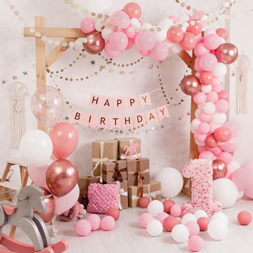 Image of RUBFAC White and Pink Balloons 129pcs Different Sizes Pack of 18 12 10 5 Inch, Latex Baby Pastel Pink Balloon Garland Arch Kit for Birthday Party Wedding Anniversary Baby Shower Gender Reveal