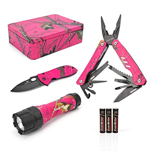 MOSSY OAK 3-Piece Multi-Tool Folding Pocket Knife with LED Flashlight Set - Pink
