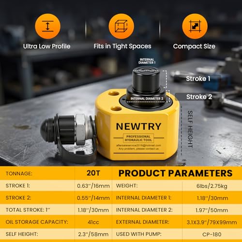 Image of NEWTRY 20T Low Profile Hydraulic Jack Porta Power Kit + CP-180 Manual Hydraulic Hand Pump Multi Section Jack, 1.18 inch Stroke Industrial Mini Hydraulic Cylinder