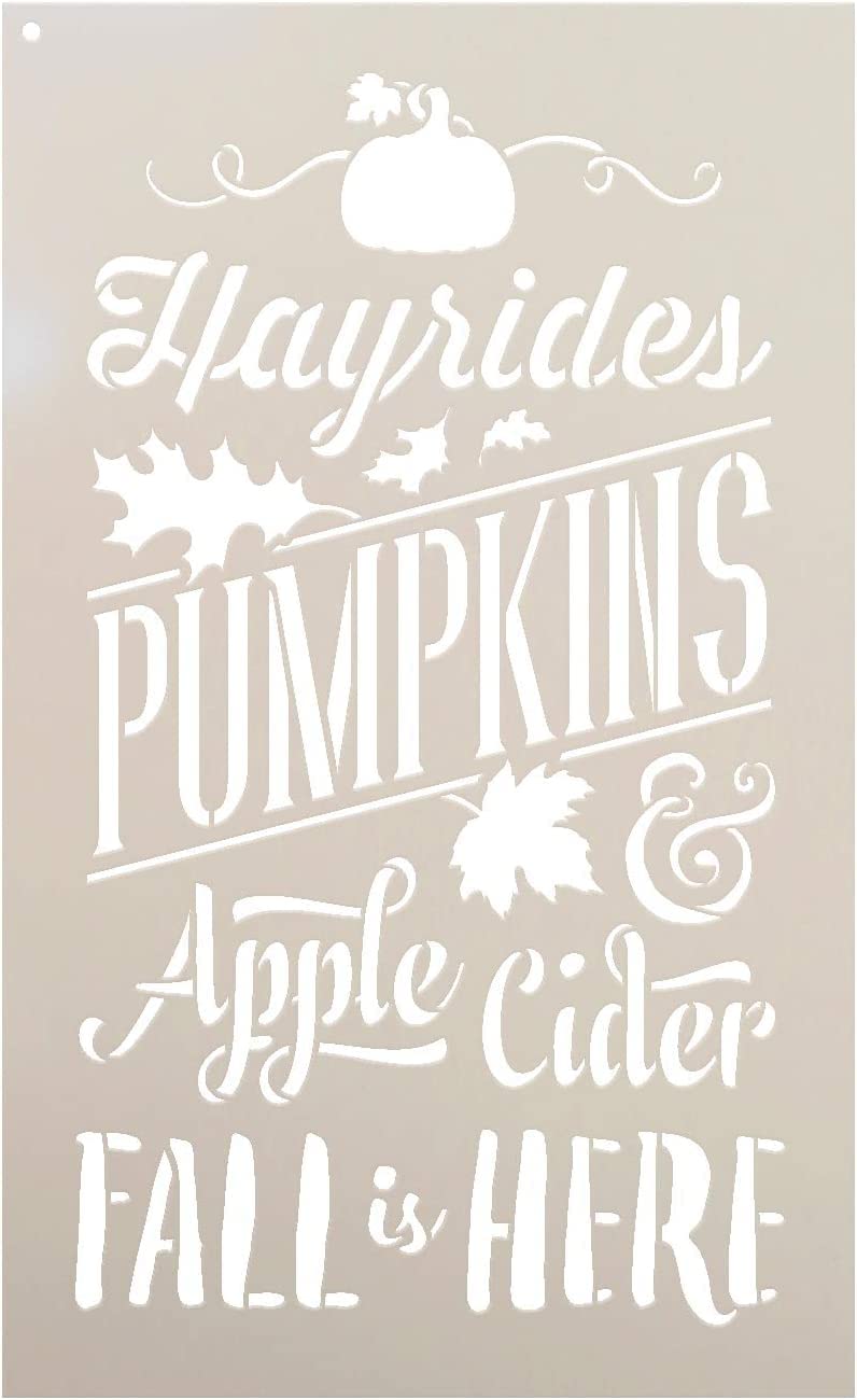Ivana's Fall is Here Stencil | Hayrides | Pumpkins | Apple Cider | Leaves | DIY Autumn Farmhouse Home Decor | Craft & Paint Rustic Wood Signs | Reusable Mylar Template | Size (9" x 14")