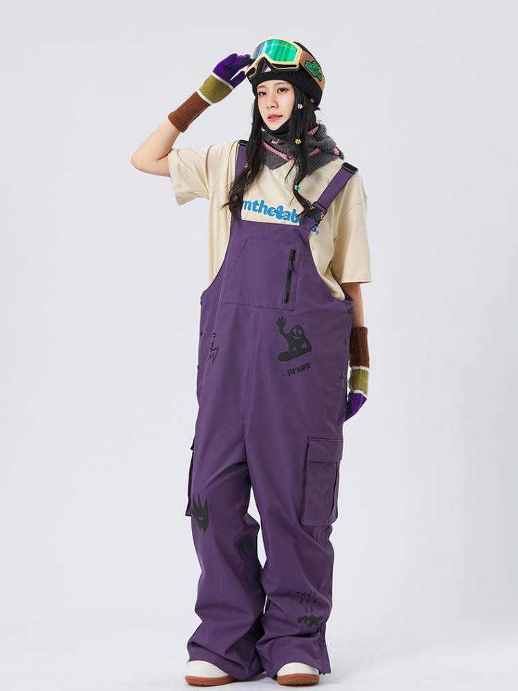 xwxwseui Graffiti Baggy Snow Pants for Men Women Insulated Ski Cargo Bib Pants Waterproof Fashion Snow Jumpsuits (M, Purple)