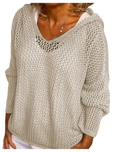 GORGLITTER Women's Crochet Sweater Boho Long Sleeve Drop Shoulder Pullover Hoodie Knitwear