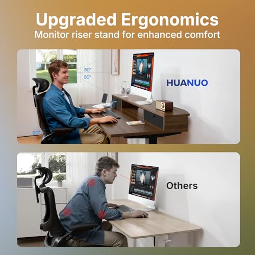 Image of HUANUO 40 inch X 24 inch Electric Standing Desk with 2 Drawers, C-Clamp Mount Compatible, Height Adjustable Computer Desk, Home Office Stand Up Desk with 4 Preset Heights & 2 Hooks, Walnut